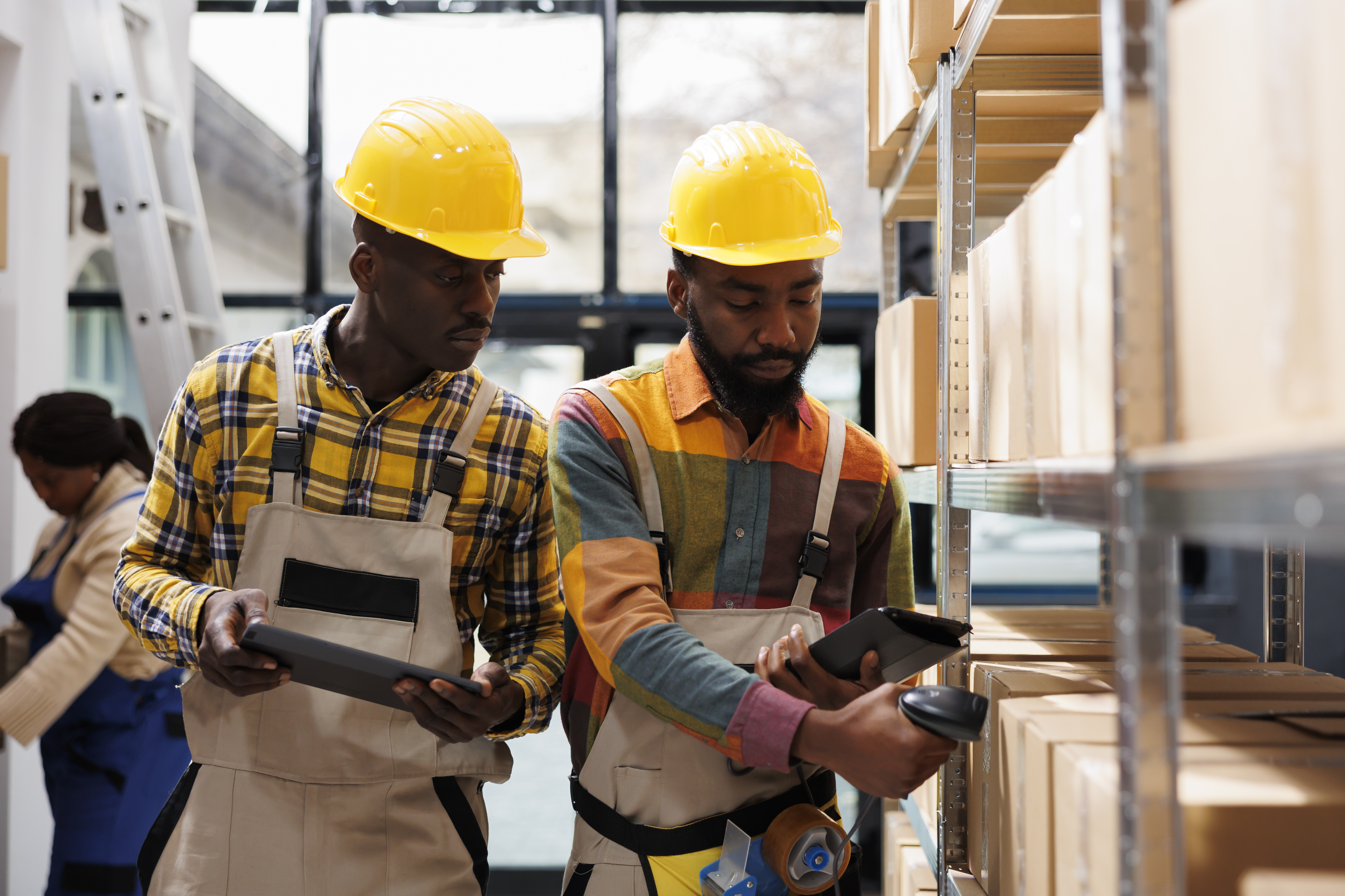 Professional warehouse team working together